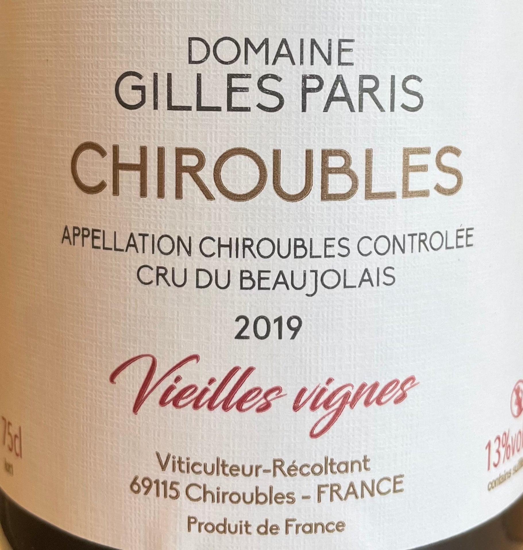 Domaine Gilles Paris 'Vieilles Vignes' Chiroubles - 2020 Gamay Wine from France