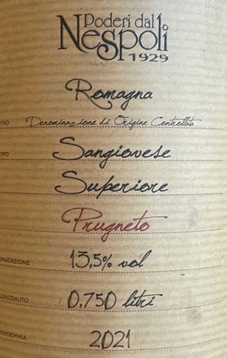 Poderi dal Nespoli 'Prugneto' - Premium 2020 Sangiovese Wine from Emilia - Romagna, Italy