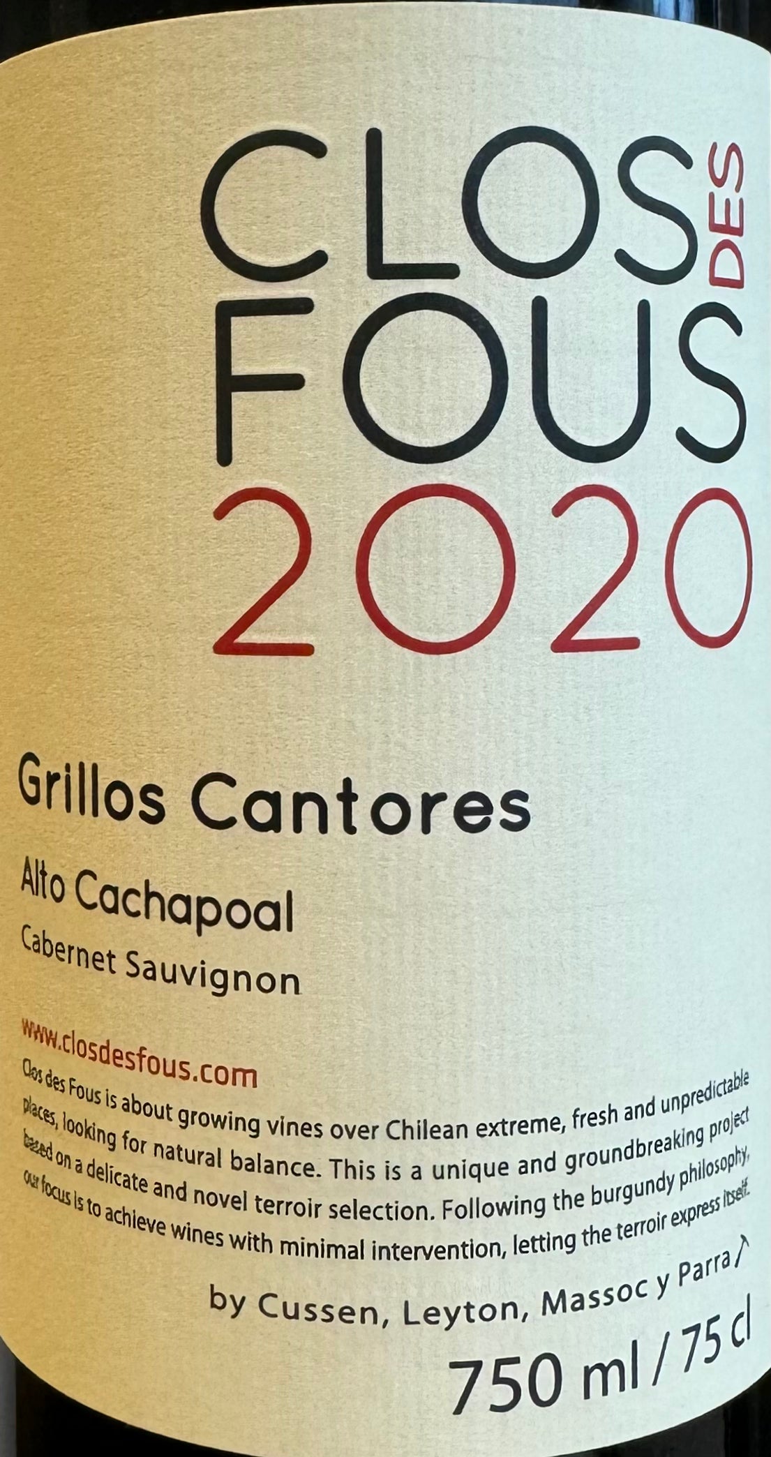 Clos des Fous 'Grillos Cantores' Premium 2020 Cabernet Sauvignon from Chile